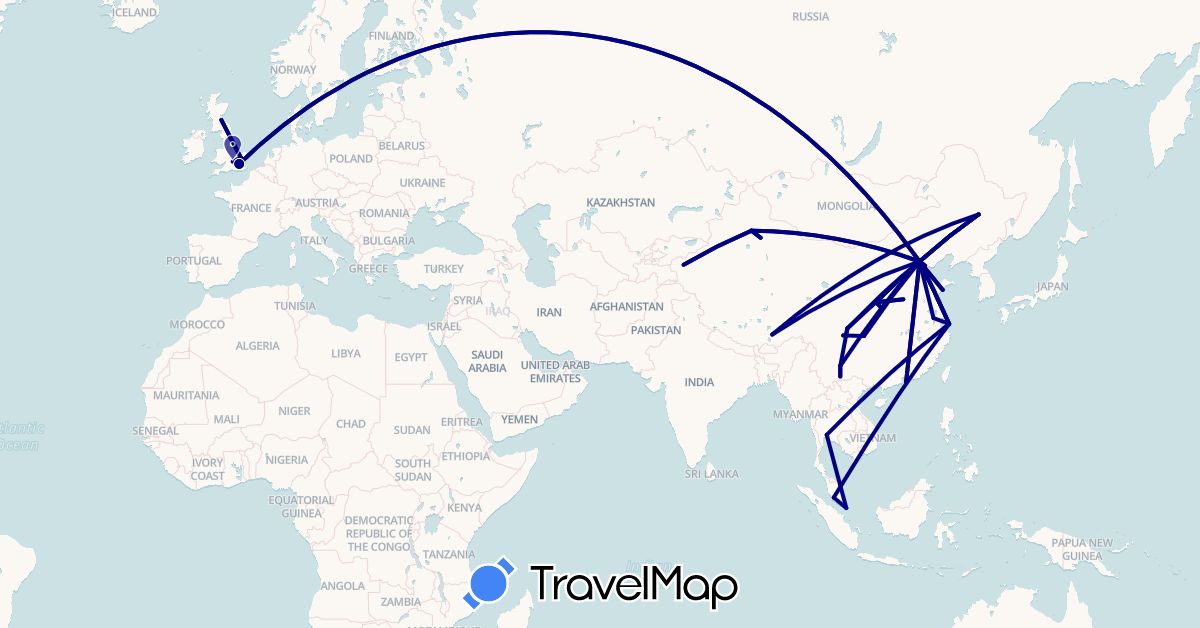 TravelMap itinerary: driving in China, United Kingdom, Hong Kong, Malaysia, Singapore, Thailand (Asia, Europe)